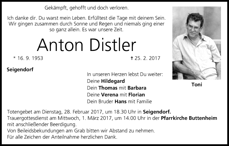  Traueranzeige für Anton Distler vom 27.02.2017 aus MGO