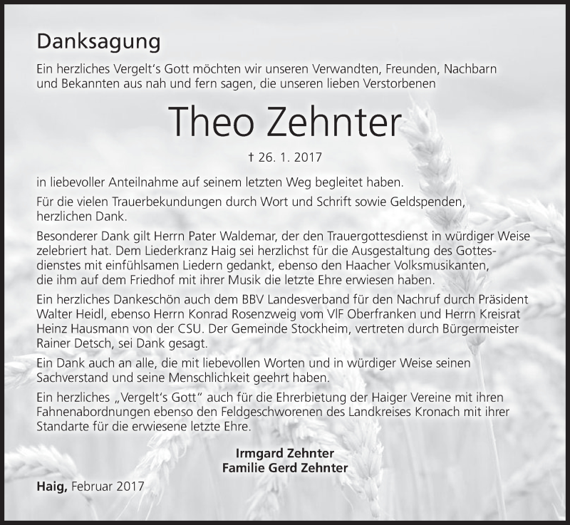  Traueranzeige für Theo Zehnter vom 18.02.2017 aus MGO