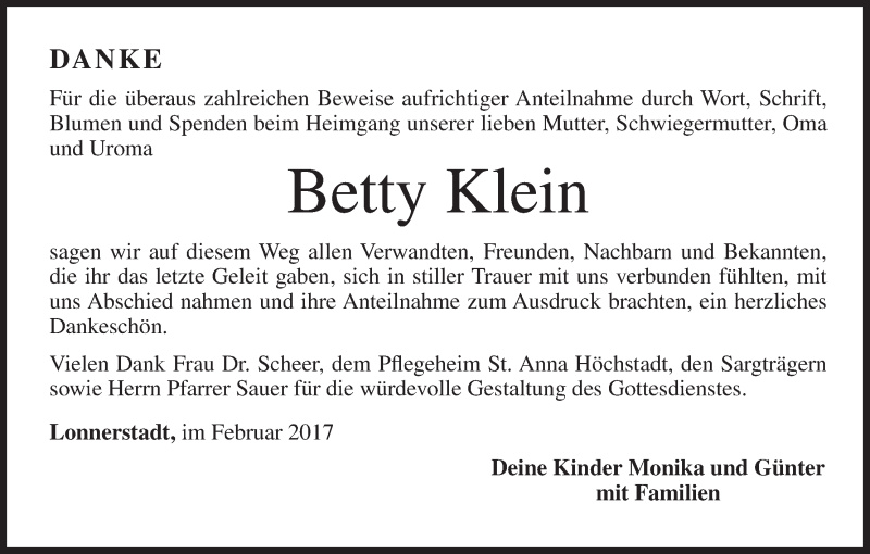  Traueranzeige für Betty Klein vom 18.02.2017 aus MGO