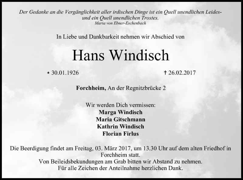  Traueranzeige für Hans Windisch vom 01.03.2017 aus MGO