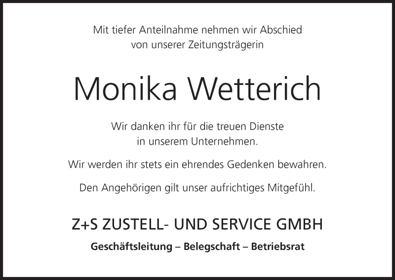  Traueranzeige für Monika Wetterich vom 09.02.2017 aus MGO