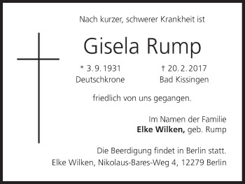 Anzeige von Gisela Rump von MGO