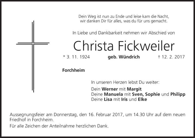  Traueranzeige für Christa Fickweiler vom 14.02.2017 aus MGO