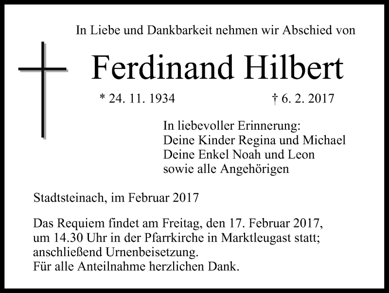  Traueranzeige für Ferdinand Hilbert vom 14.02.2017 aus MGO