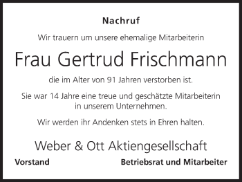 Anzeige von Gertrud Frischmann von MGO