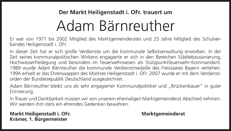 Traueranzeige für Adam Bärnreuther vom 22.02.2017 aus MGO