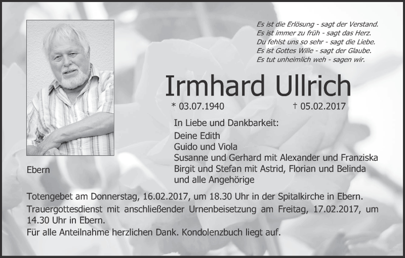  Traueranzeige für Irmhard Ullrich vom 13.02.2017 aus MGO