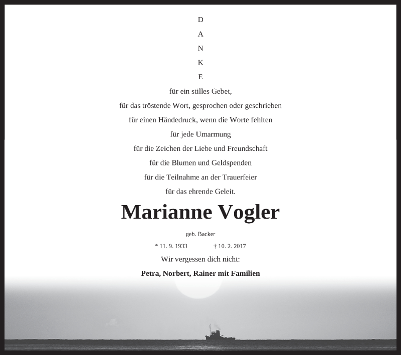  Traueranzeige für Marianne Vogler vom 22.02.2017 aus MGO