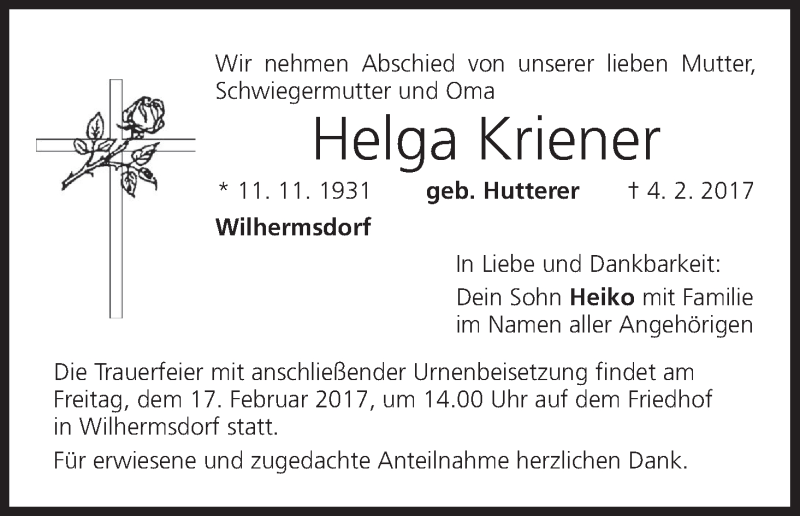  Traueranzeige für Helga Kriener vom 14.02.2017 aus MGO