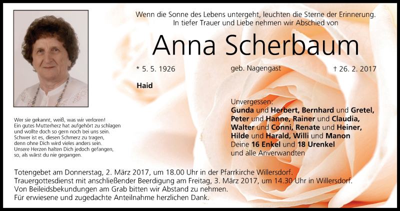  Traueranzeige für Anna Scherbaum vom 28.02.2017 aus MGO