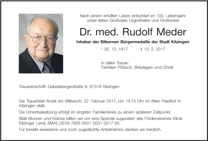  Traueranzeige für Rudolf Meder vom 18.02.2017 aus MGO