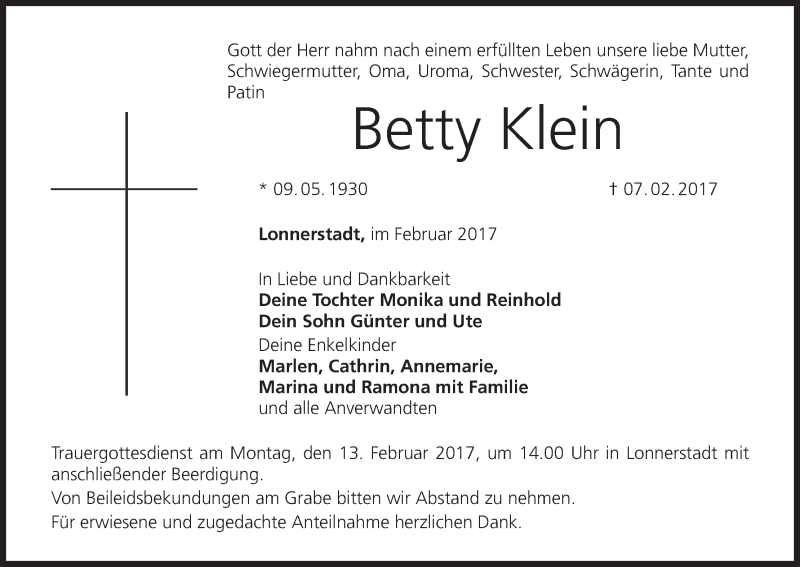  Traueranzeige für Betty Klein vom 10.02.2017 aus MGO