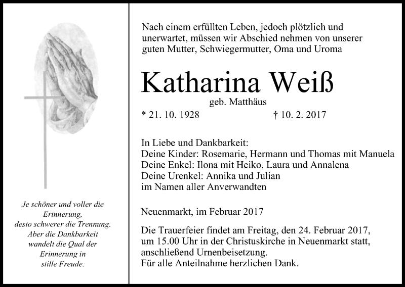  Traueranzeige für Katharina Weiß vom 18.02.2017 aus MGO
