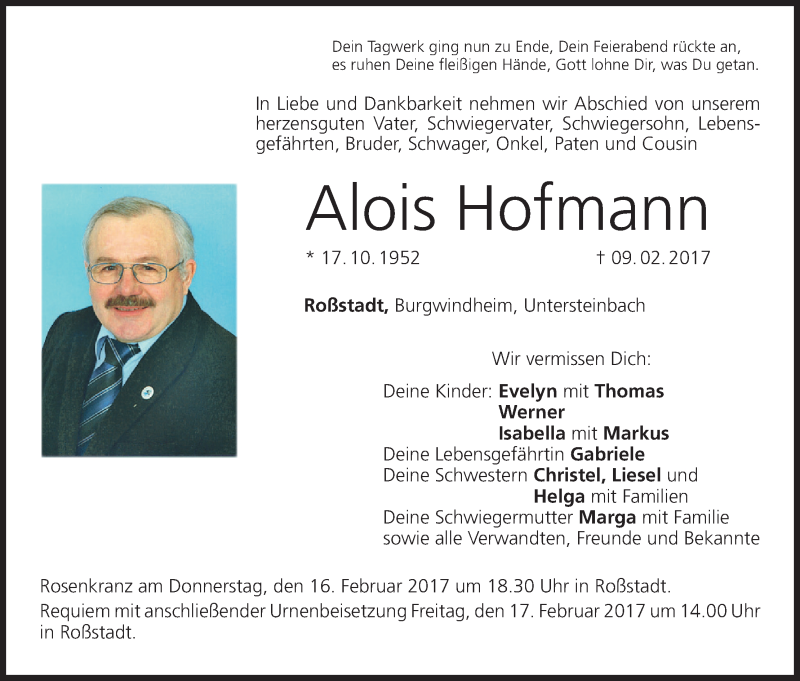  Traueranzeige für Alois Hofmann vom 15.02.2017 aus MGO