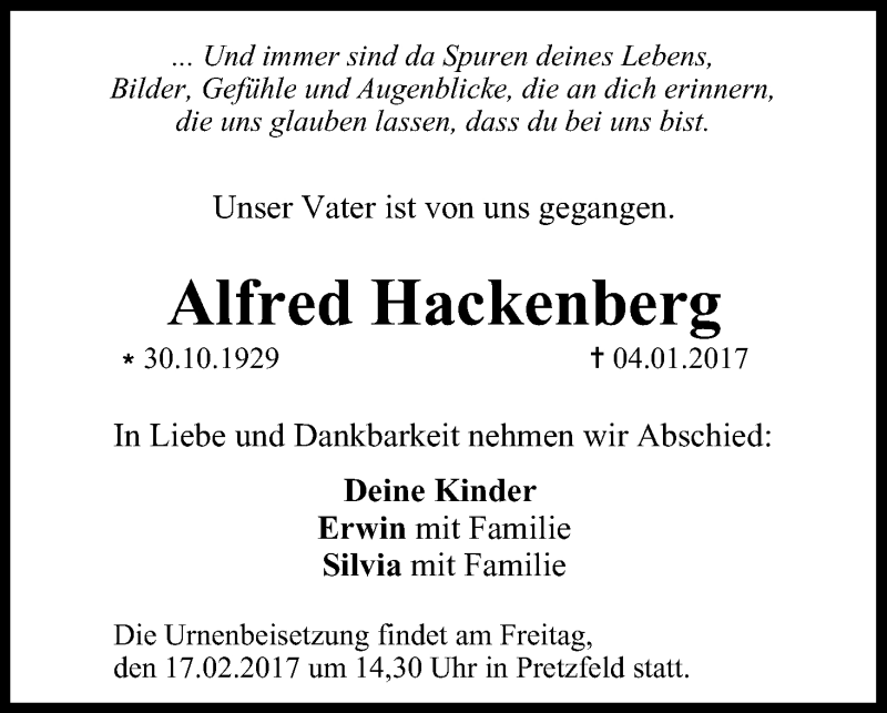  Traueranzeige für Alfred Hackenberg vom 15.02.2017 aus MGO