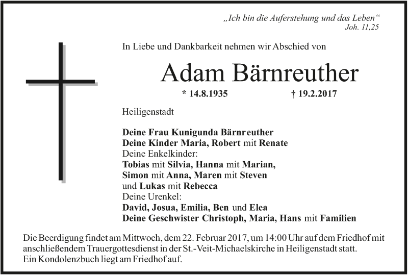  Traueranzeige für Adam Bärnreuther vom 21.02.2017 aus MGO
