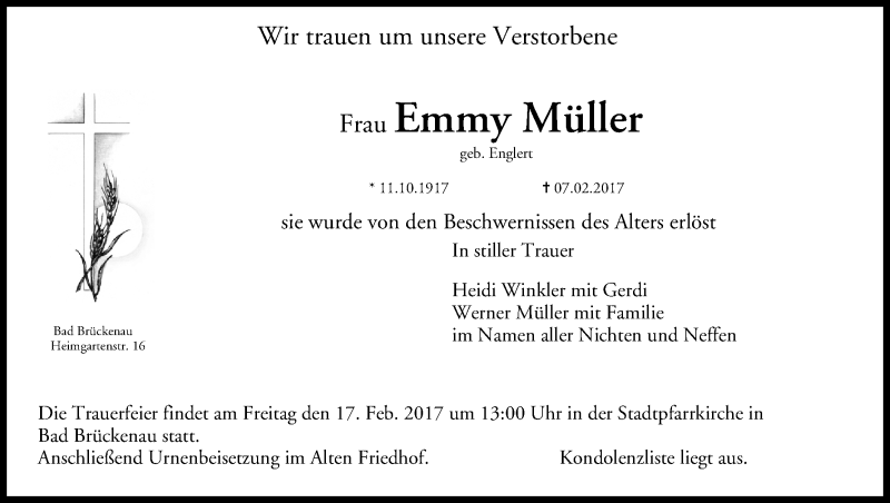  Traueranzeige für Emmy Müller vom 11.02.2017 aus MGO