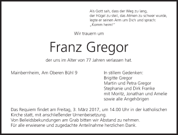 Anzeige von Franz Gregor von MGO