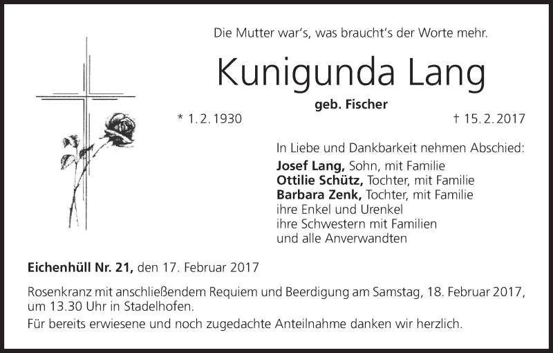  Traueranzeige für Kunigunda Lang vom 17.02.2017 aus MGO