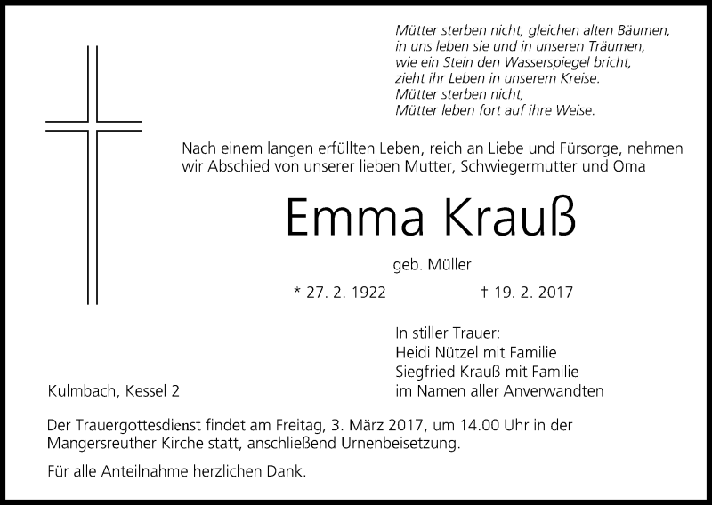  Traueranzeige für Emma Krauß vom 25.02.2017 aus MGO