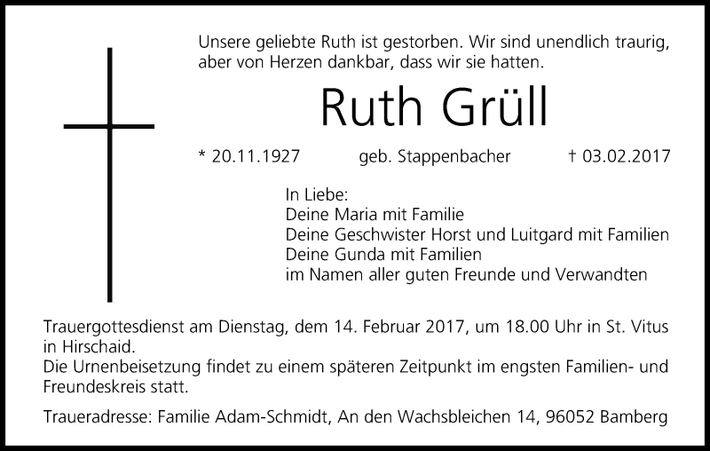  Traueranzeige für Ruth Grüll vom 11.02.2017 aus MGO