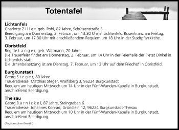 Anzeige von Totentafel vom 01.02.2017 von MGO