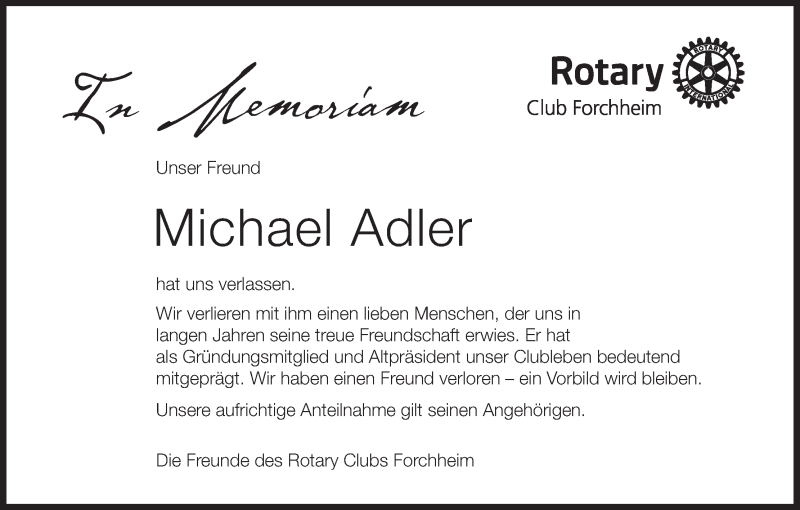  Traueranzeige für Michael Adler vom 25.02.2017 aus MGO