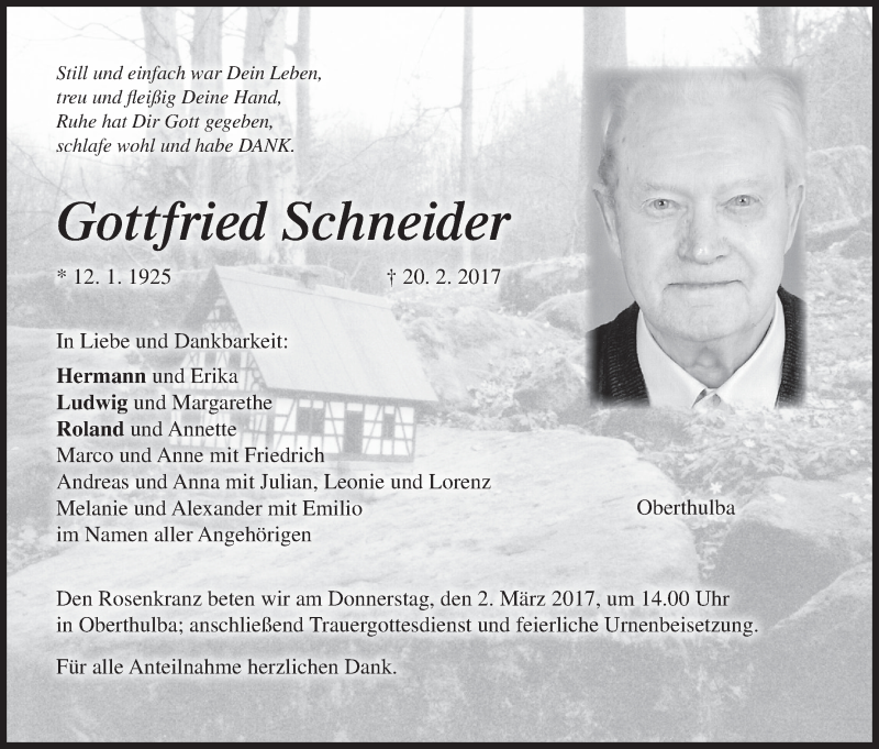  Traueranzeige für Gottfried Schneider vom 25.02.2017 aus MGO