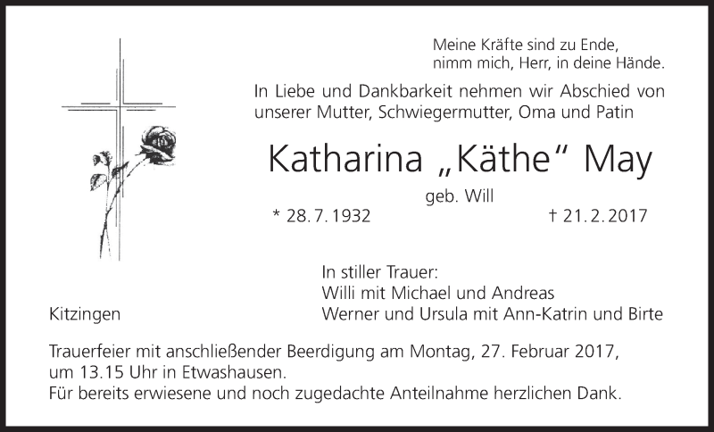  Traueranzeige für Katharina May vom 25.02.2017 aus MGO