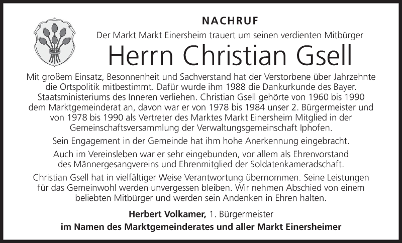  Traueranzeige für Christian Gsell vom 03.02.2017 aus MGO