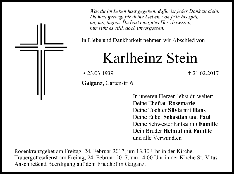 Traueranzeige für Karlheinz Stein vom 23.02.2017 aus MGO