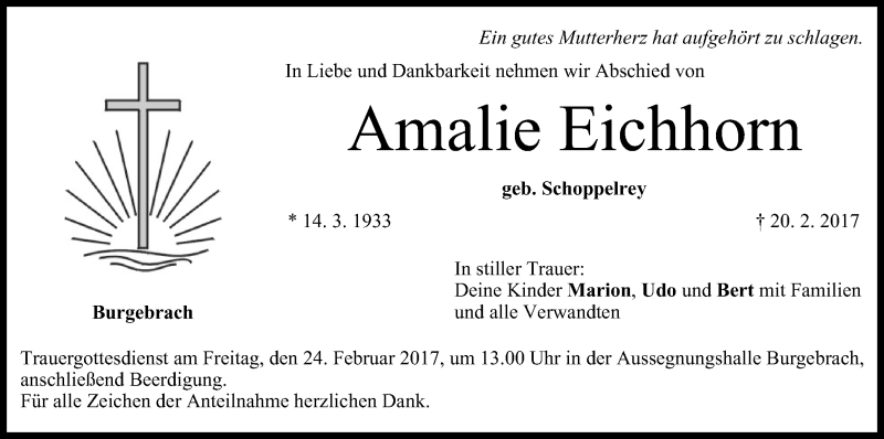  Traueranzeige für Amalie Eichhorn vom 22.02.2017 aus MGO