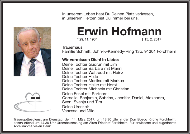  Traueranzeige für Erwin Hofmann vom 25.02.2017 aus MGO