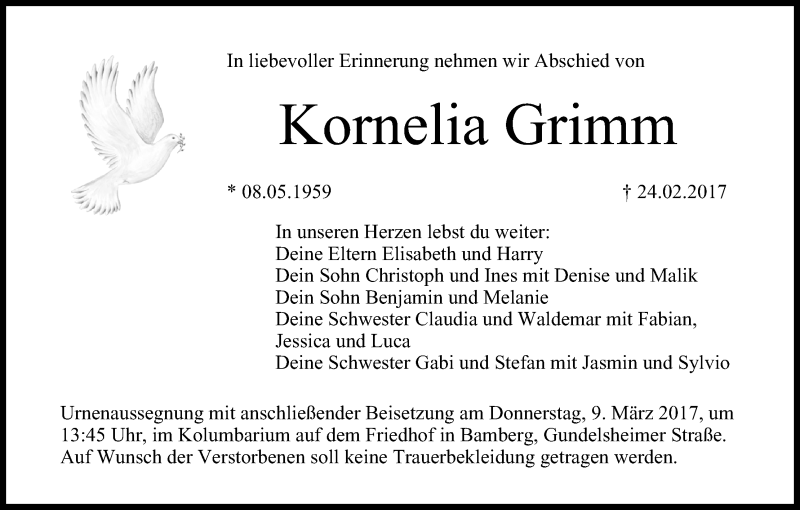  Traueranzeige für Kornelia Grimm vom 07.03.2017 aus MGO