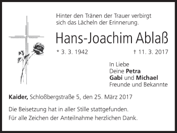 Anzeige von Hans-Joachim Ablaß von MGO