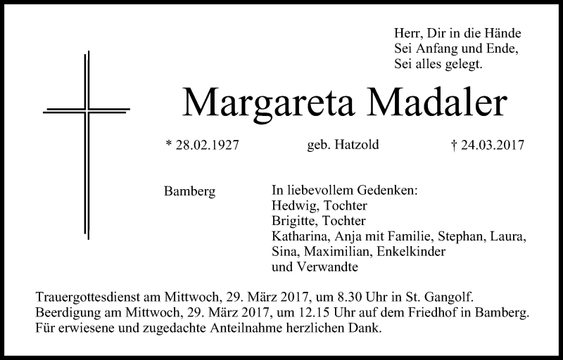  Traueranzeige für Margareta Madaler vom 28.03.2017 aus MGO