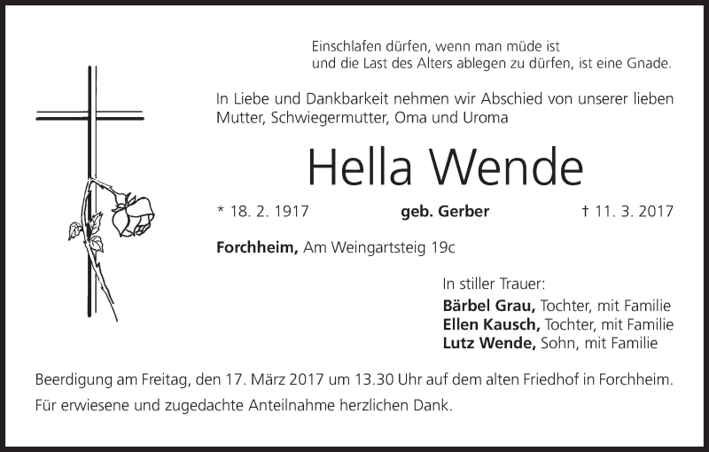  Traueranzeige für Hella Wende vom 15.03.2017 aus MGO