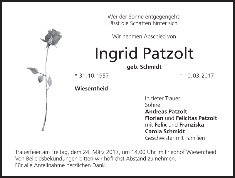  Traueranzeige für Ingrid Patzolt vom 18.03.2017 aus MGO