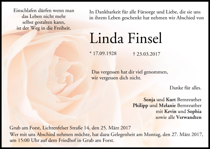  Traueranzeige für Linda Finsel vom 25.03.2017 aus MGO