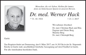 Anzeige von Werner Hack von MGO