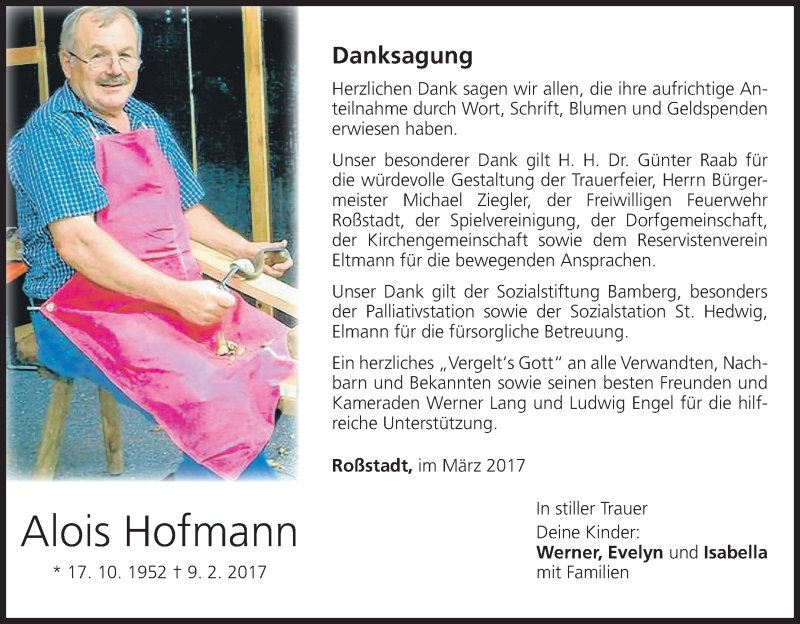  Traueranzeige für Alois Hofmann vom 11.03.2017 aus MGO