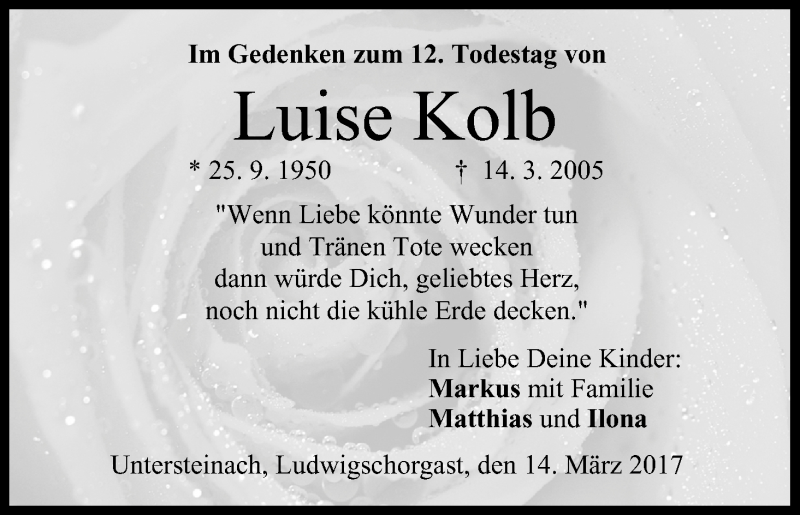  Traueranzeige für Luise Kolb vom 14.03.2017 aus MGO