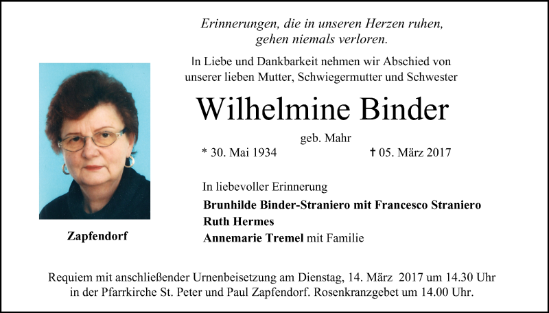  Traueranzeige für Wilhelmine Binder vom 11.03.2017 aus MGO