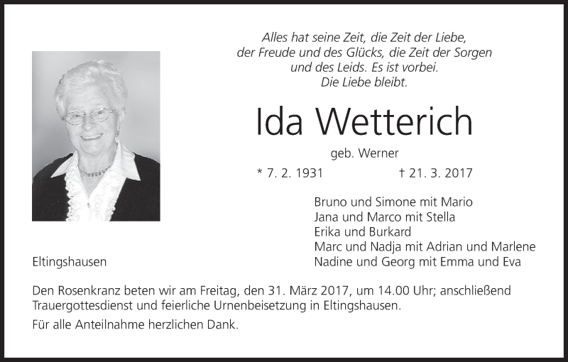  Traueranzeige für Ida Wetterich vom 29.03.2017 aus MGO