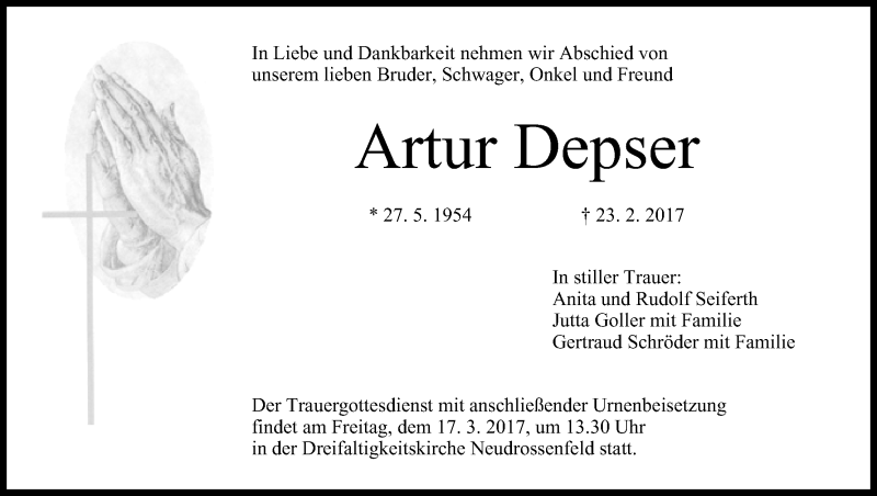  Traueranzeige für Artur Depser vom 15.03.2017 aus MGO