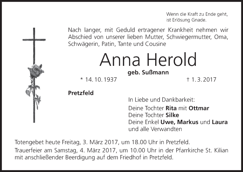  Traueranzeige für Anna Herold vom 03.03.2017 aus MGO