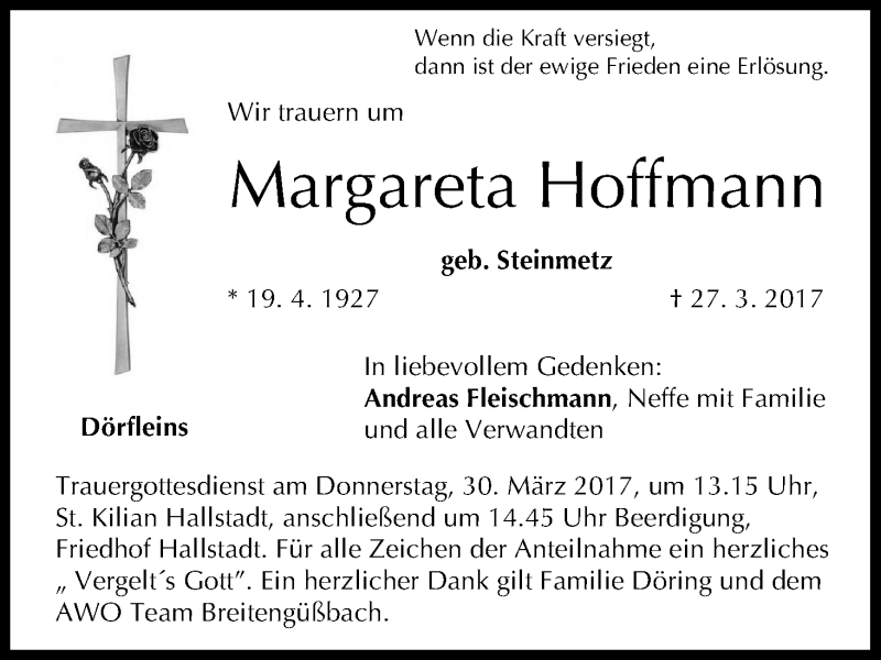  Traueranzeige für Margareta Hoffmann vom 29.03.2017 aus MGO
