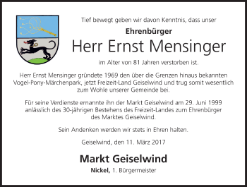 Anzeige von Ernst Mensinger von MGO