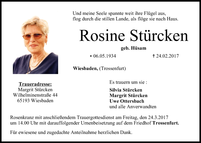  Traueranzeige für Rosine Stürcken vom 22.03.2017 aus MGO