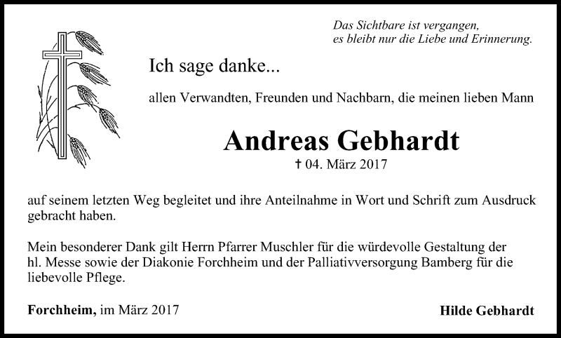  Traueranzeige für Andreas Gebhardt vom 18.03.2017 aus MGO